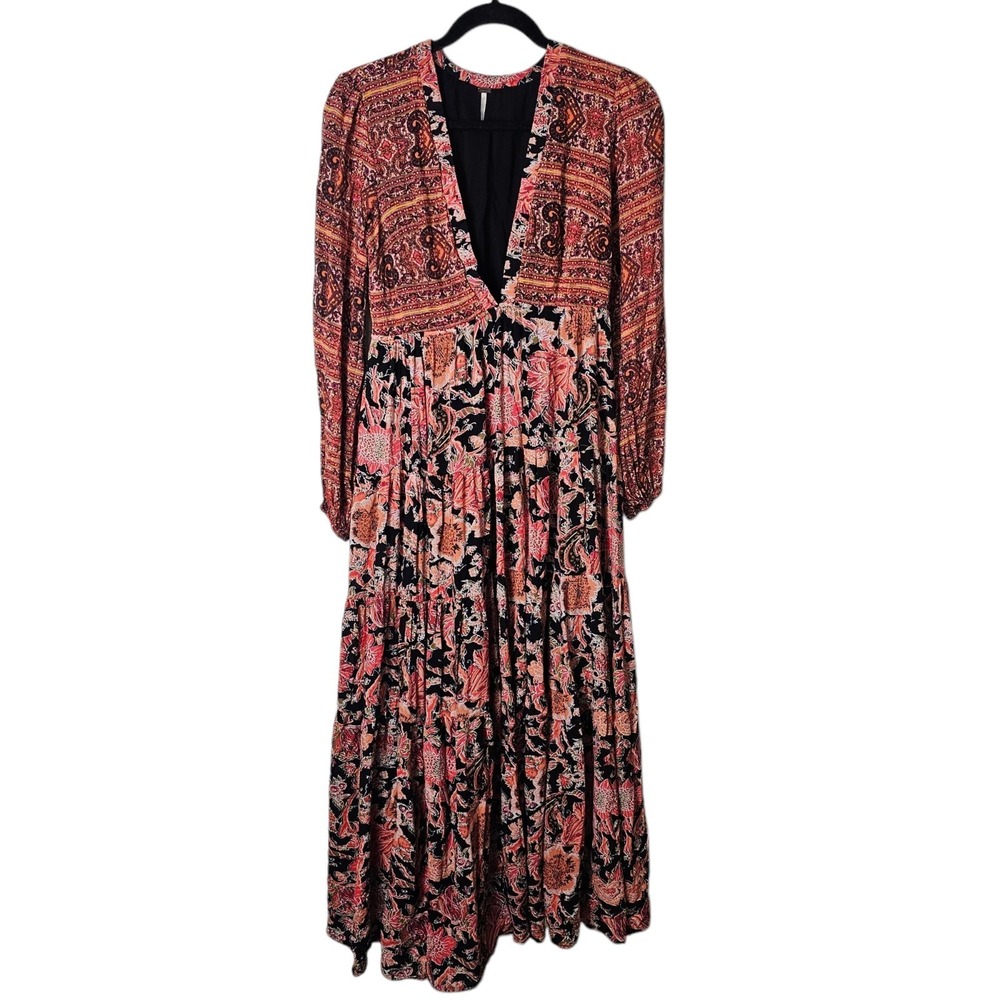 Free People S Maxi Dress Floral‎ Pink Deep V-Neck Rayon Boho Bohemian Romantic